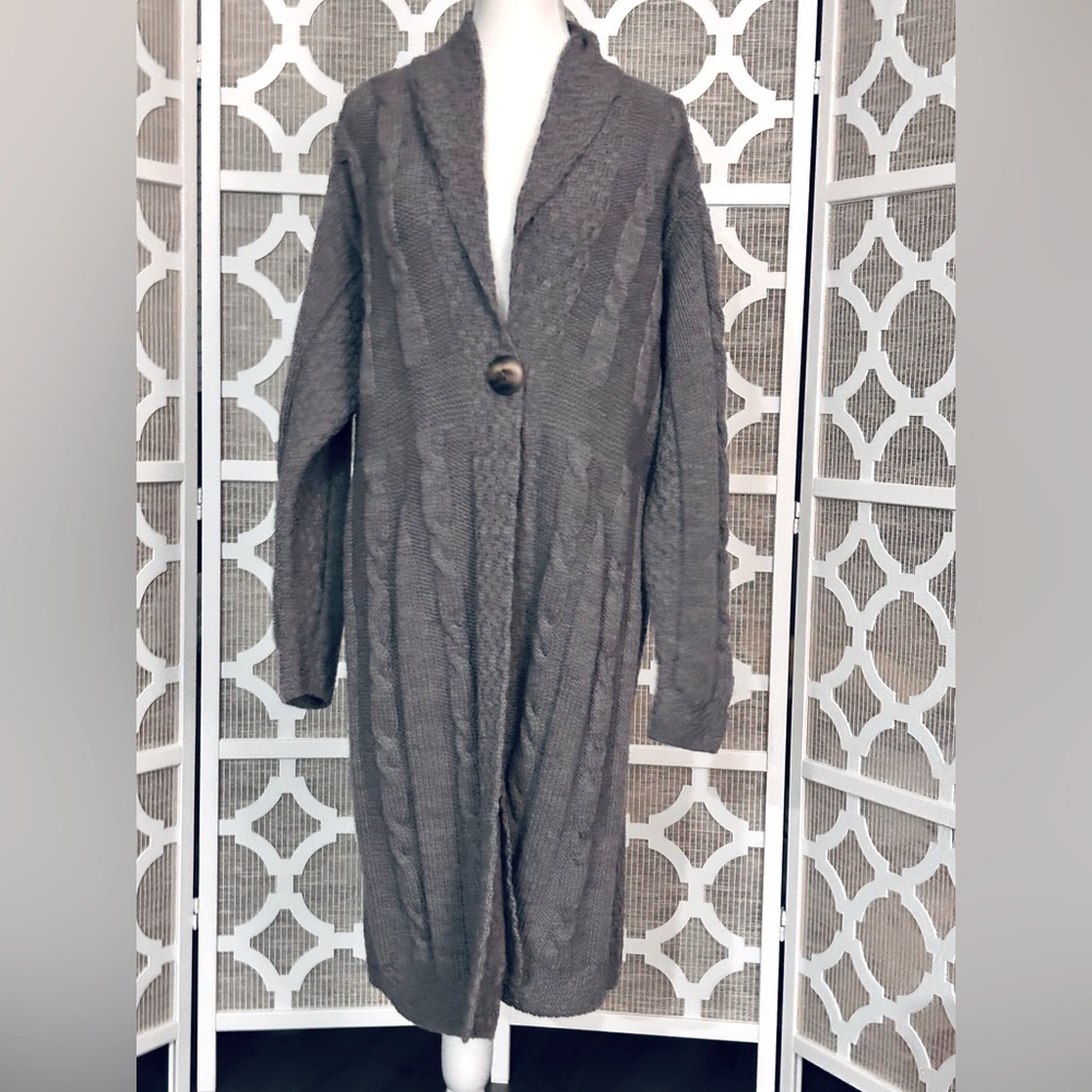 Aran Crafts Wool Gray Cable Knit Cardigan Irish XL 1X 2X Long Button Plus XXL - Picture 2 of 14